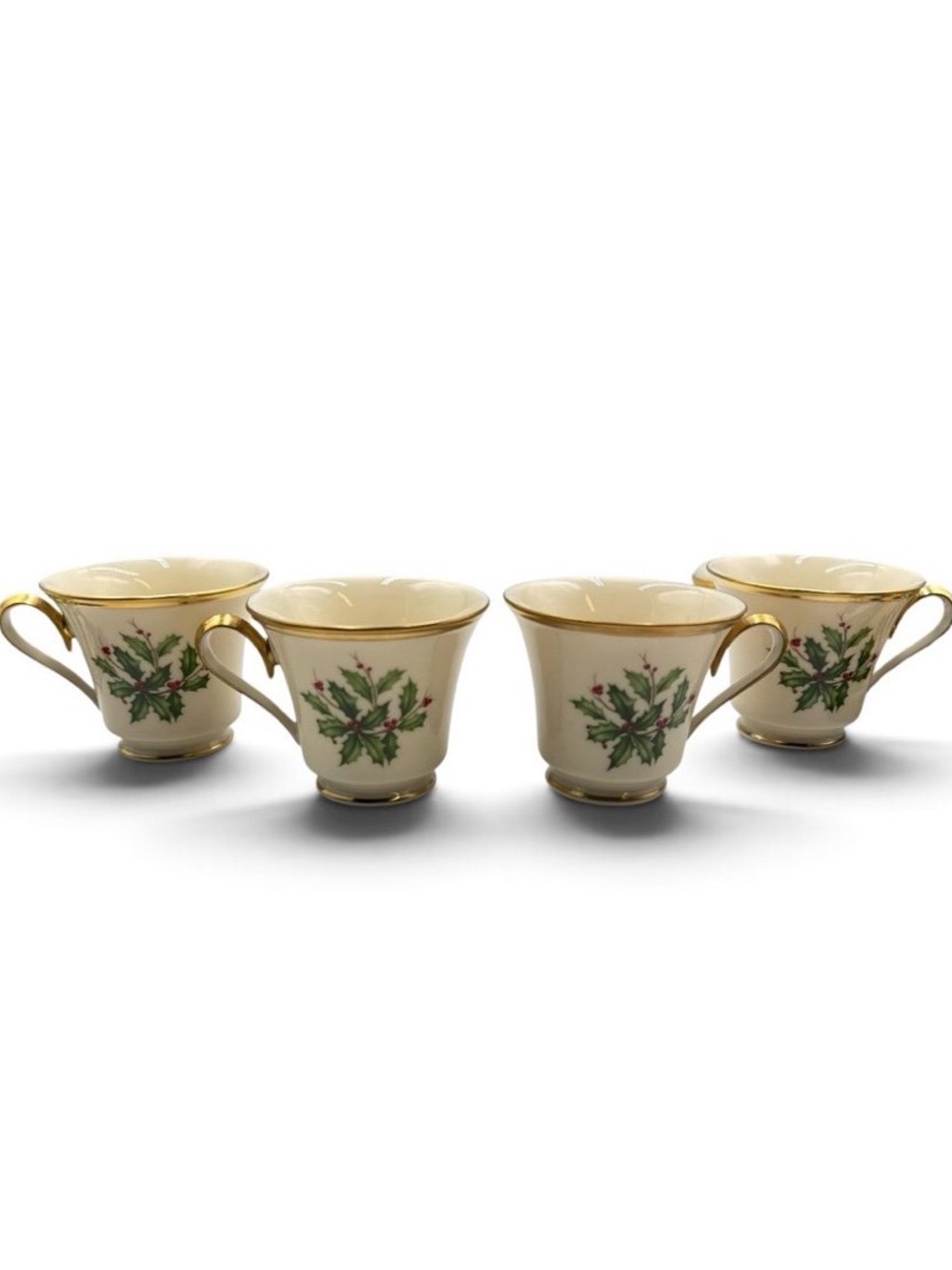 Vintage 1980s Lenox Holiday Holly Teacups Set of 4 24K Gold Trim USA